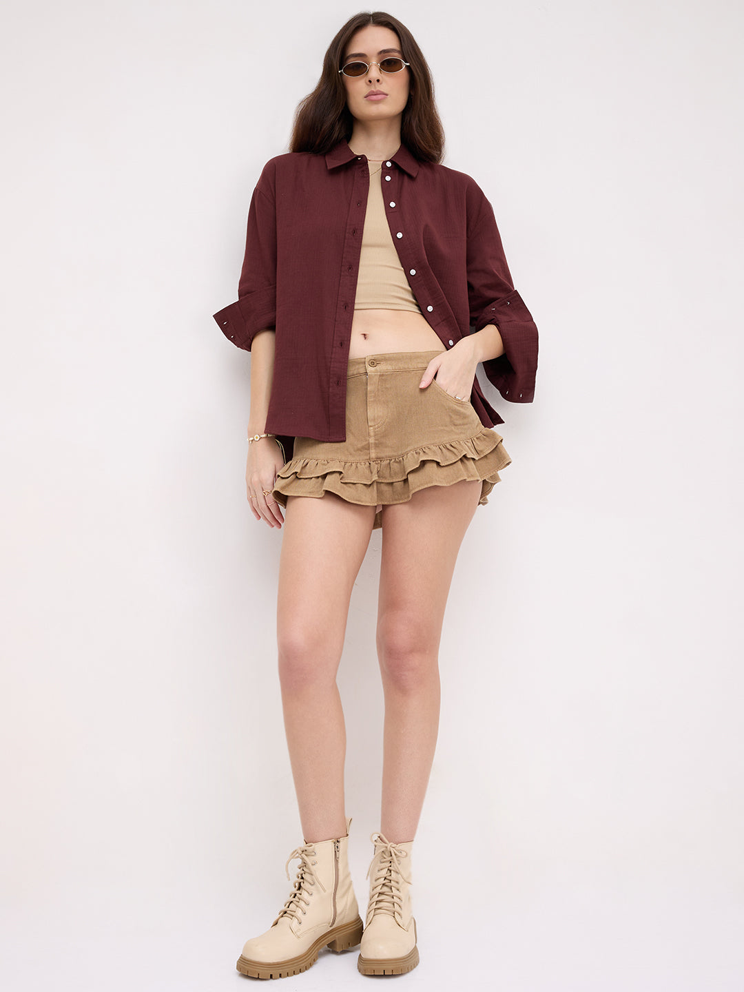 Rosewood Maroon Herringbone Textured Oversized Shirt