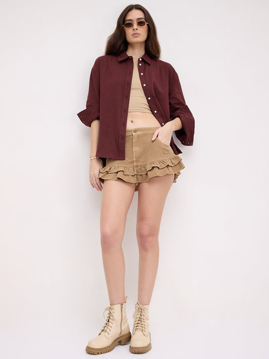 Rosewood Maroon Herringbone Textured Oversized Shirt