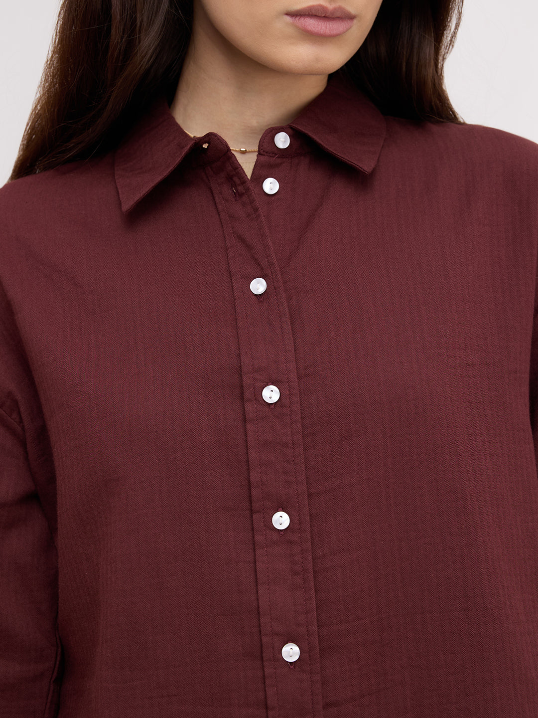 Rosewood Maroon Herringbone Textured Oversized Shirt