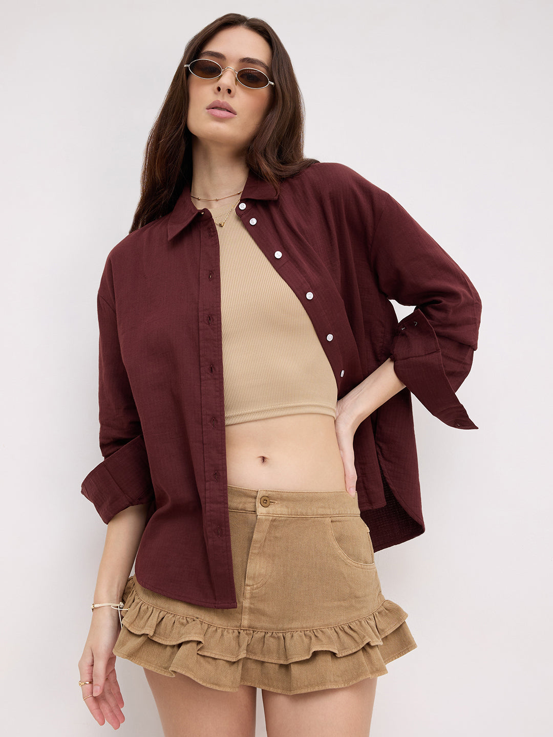 Rosewood Maroon Herringbone Textured Oversized Shirt