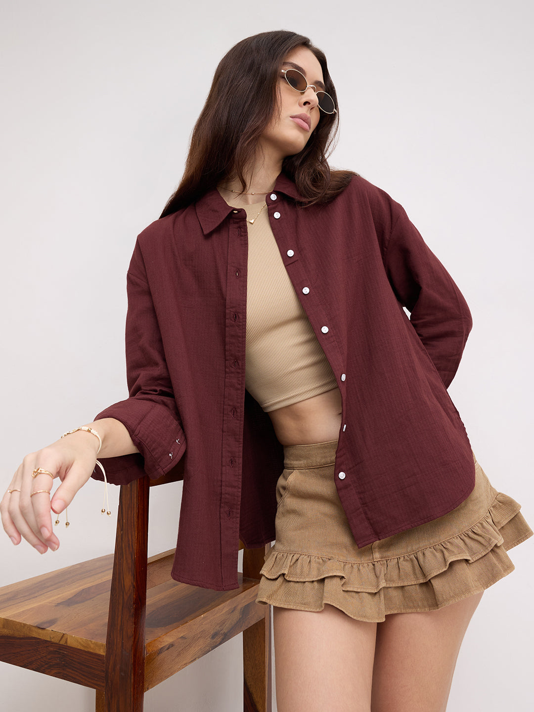 Rosewood Maroon Herringbone Textured Oversized Shirt