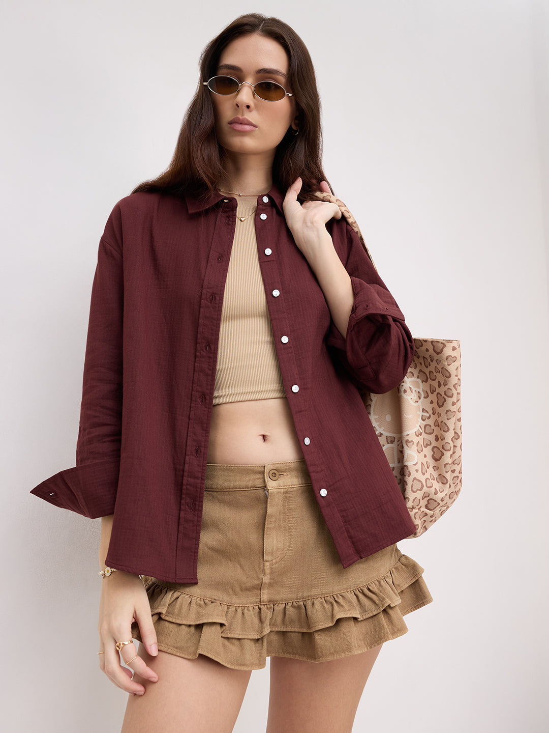 Rosewood Maroon Herringbone Textured Oversized Shirt