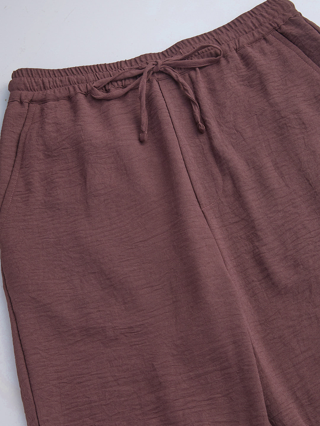 Luxe Warm Brown Crinkled Straight Fit Trousers