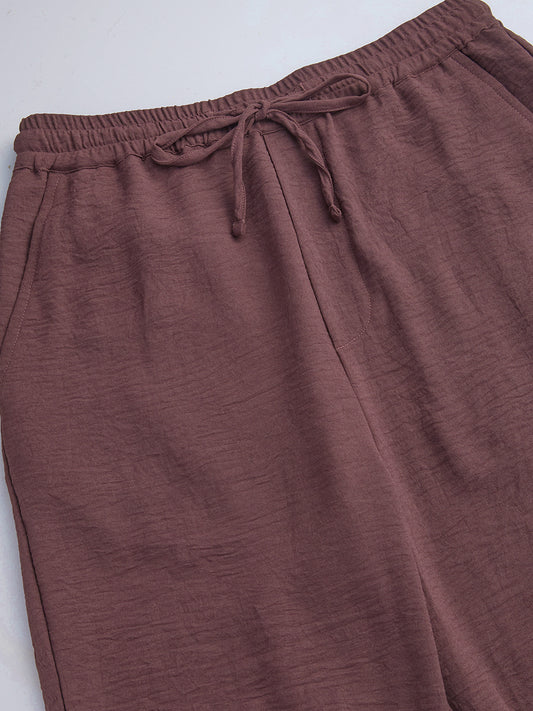 Luxe Warm Brown Crinkled Straight Fit Trousers
