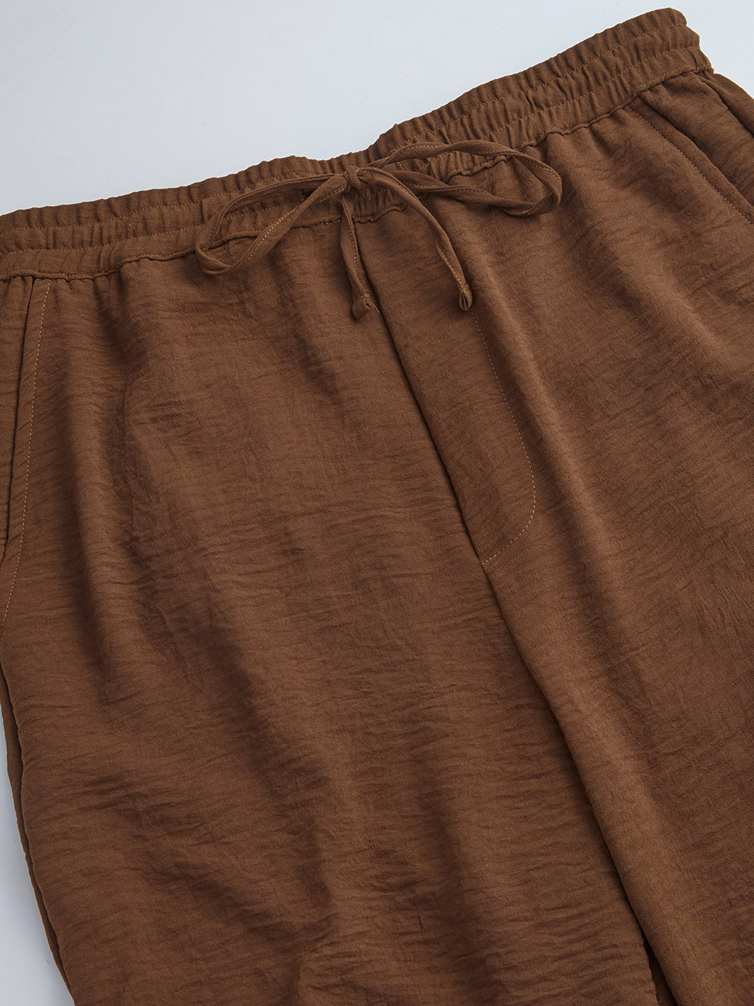 Mocha Brown Crinkled Straight Fit Trousers