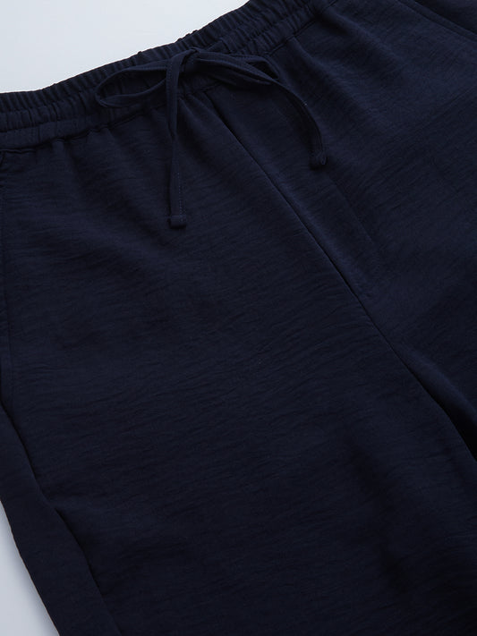Luxe Midnight Navy Crinkled Straight Fit Trousers