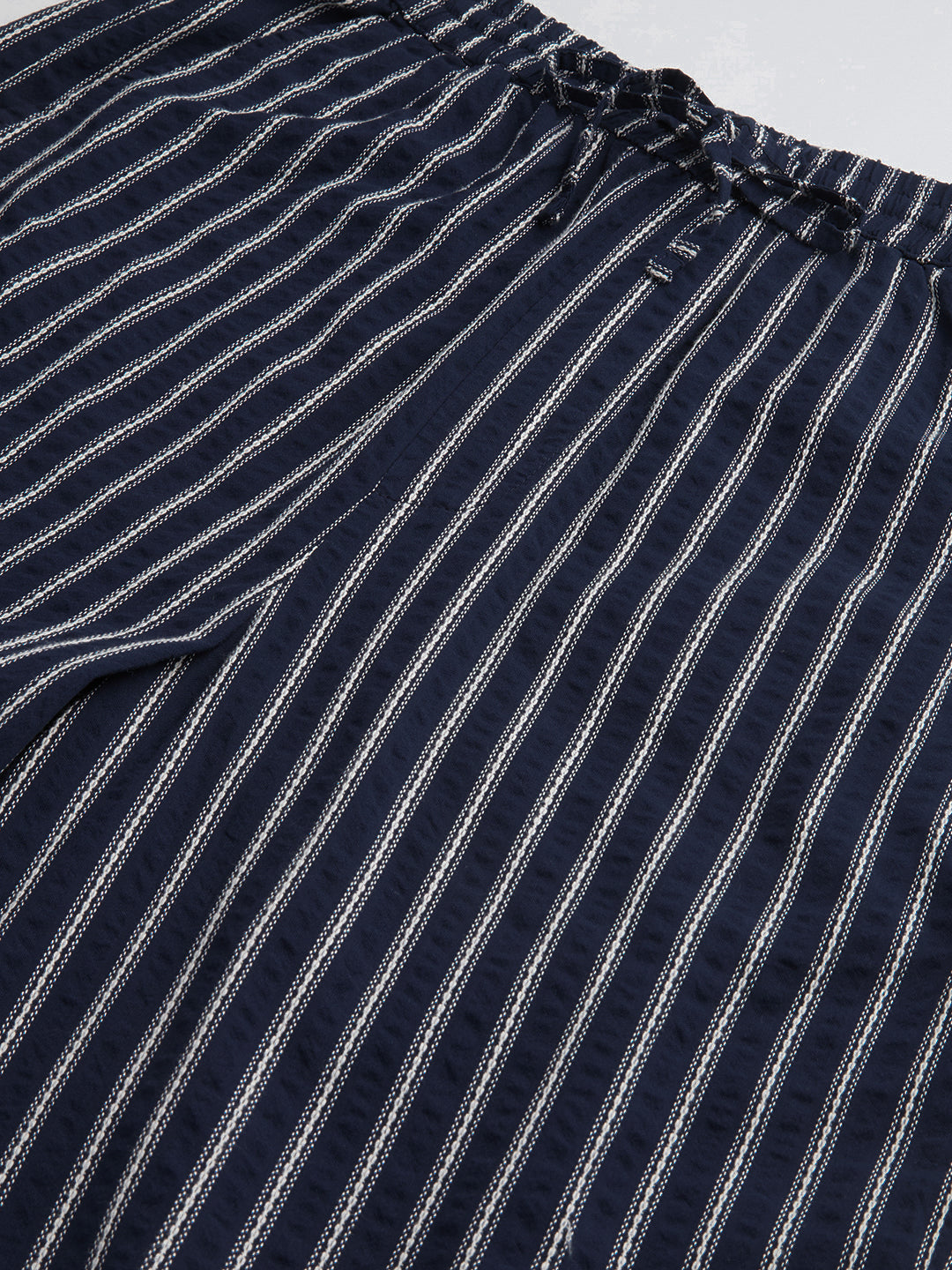 Navy Artisan Fine Embroidered Seersucker Striped Straight Fit Trousers