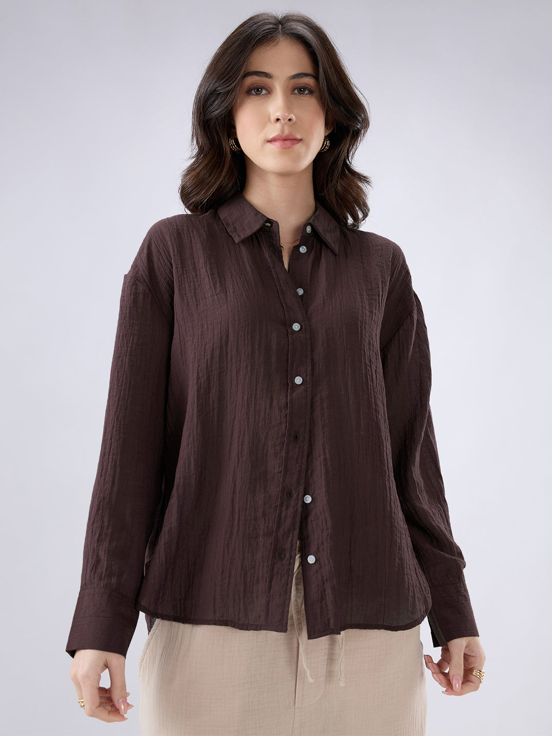 Coffee Brown Crinkled Textured Oversized Shirt