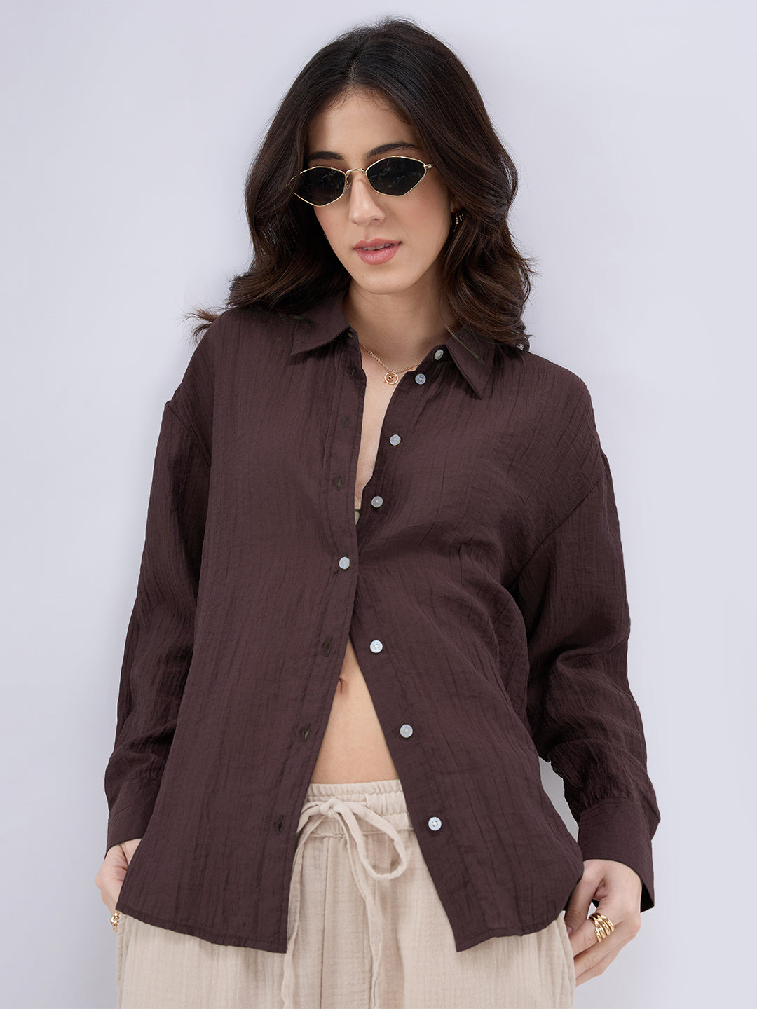 Coffee Brown Crinkled Textured Oversized Shirt