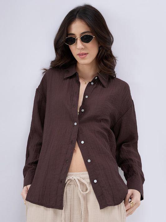 Coffee Brown Crinkled Textured Oversized Shirt
