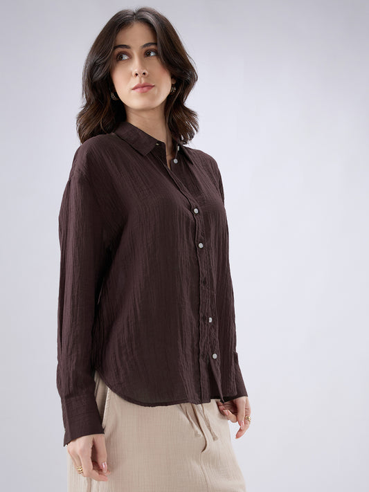 Coffee Brown Crinkled Textured Oversized Shirt