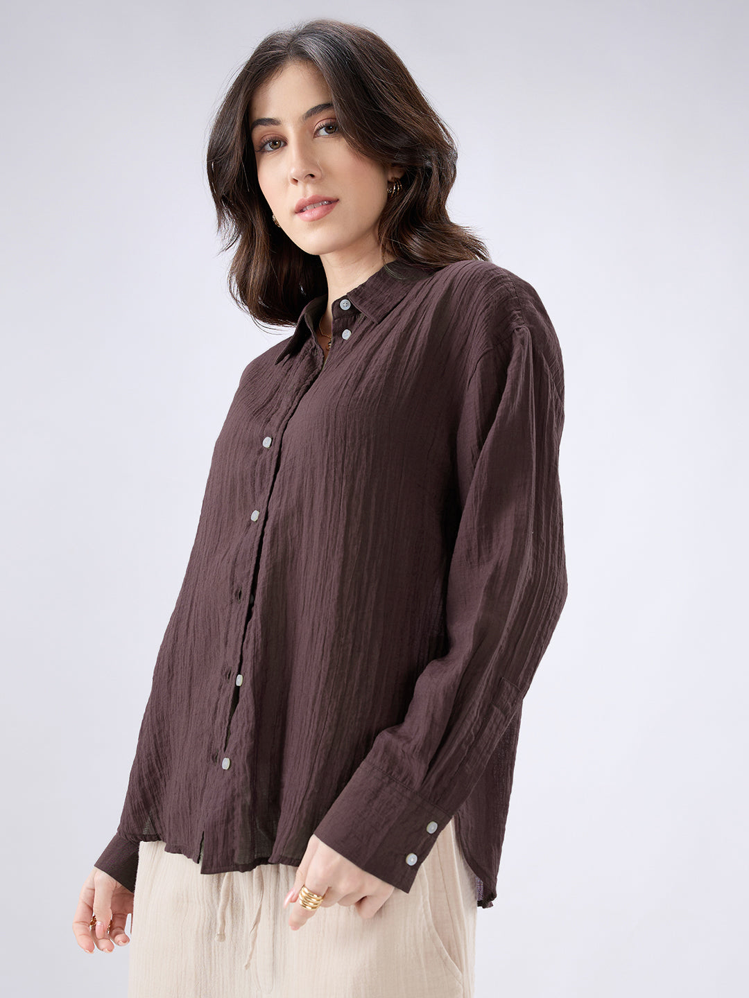 Coffee Brown Crinkled Textured Oversized Shirt