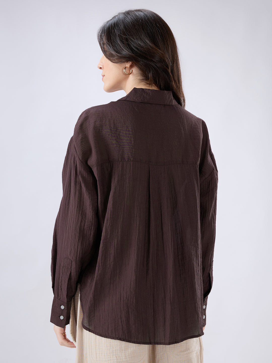 Coffee Brown Crinkled Textured Oversized Shirt