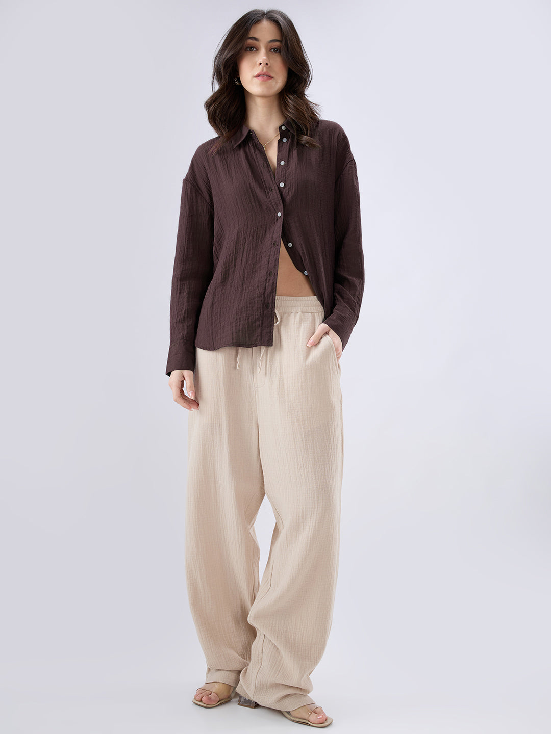Coffee Brown Crinkled Textured Oversized Shirt