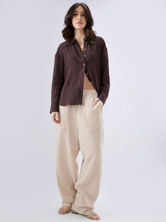 Coffee Brown Crinkled Textured Oversized Shirt