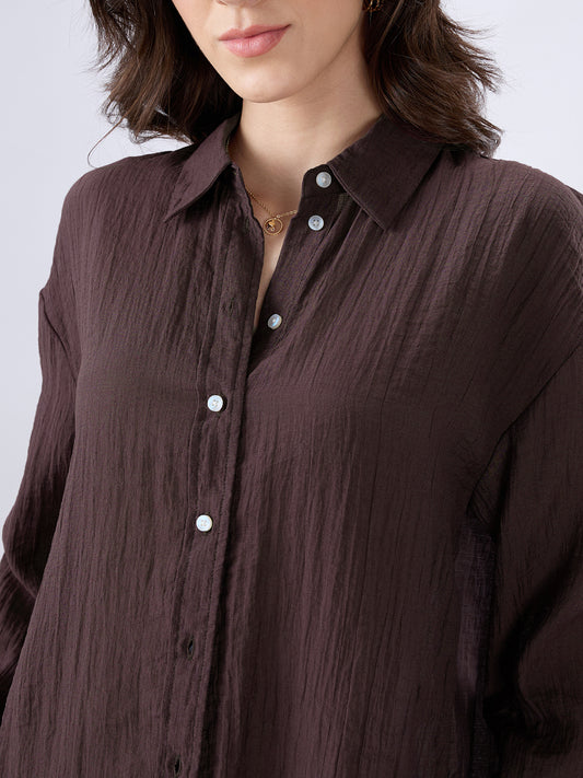 Coffee Brown Crinkled Textured Oversized Shirt