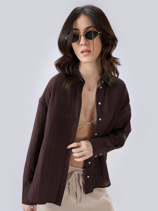 Coffee Brown Crinkled Textured Oversized Shirt