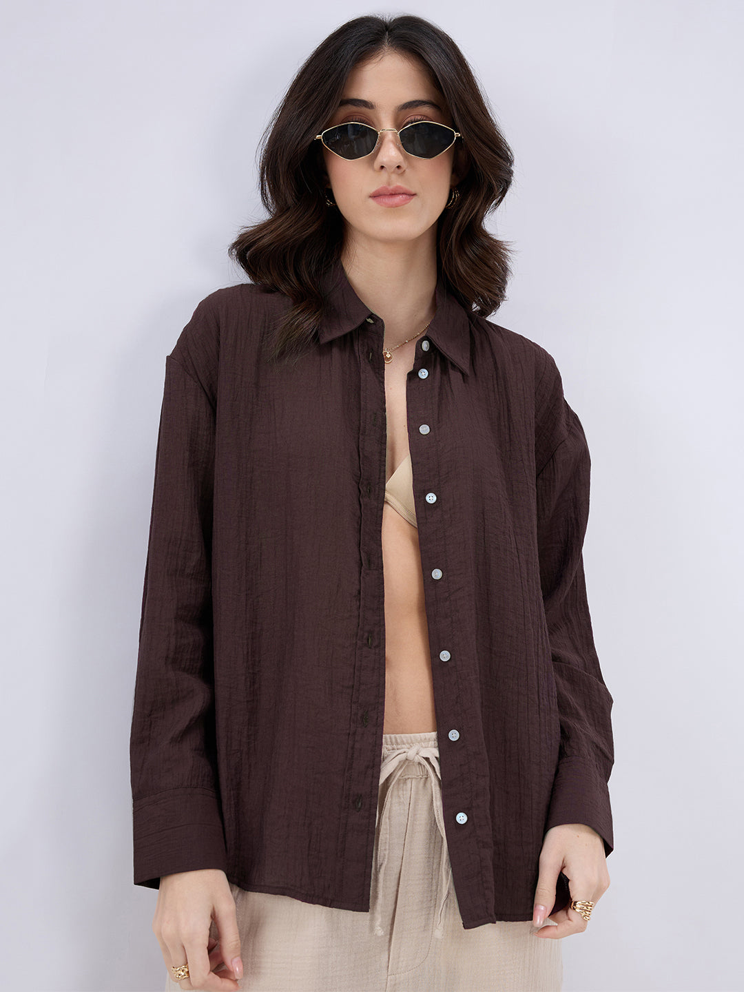 Coffee Brown Crinkled Textured Oversized Shirt