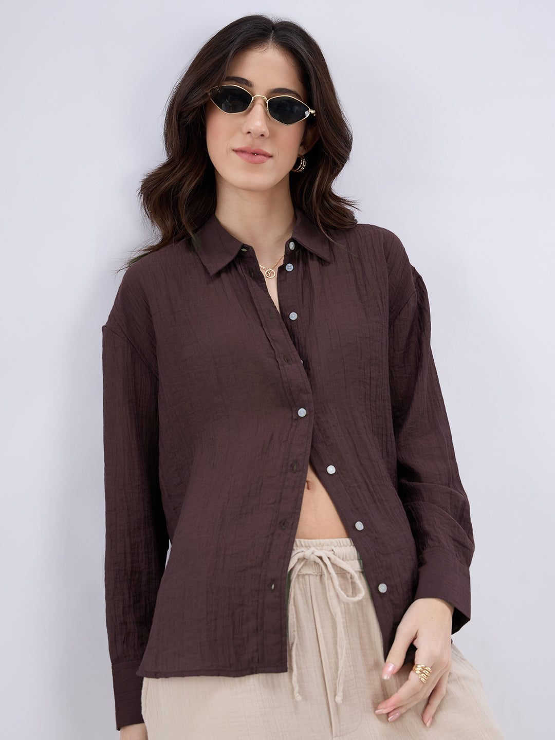Coffee Brown Crinkled Textured Oversized Shirt