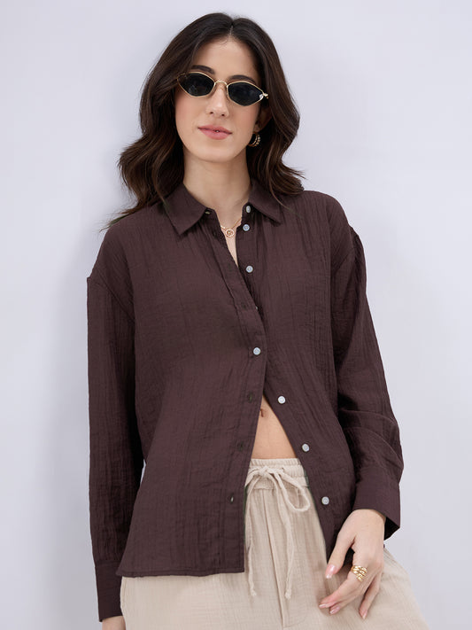 Coffee Brown Crinkled Textured Oversized Shirt